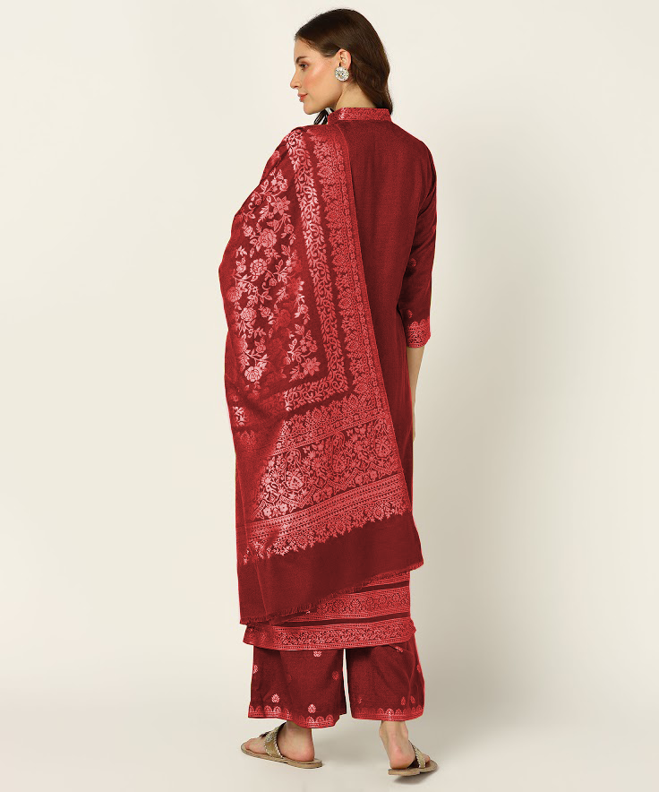 Jayri Women's Woolen Unstitched Kurta & Palazzo Zari Design Suit Material with Shawl/Stole for Winter Pantone