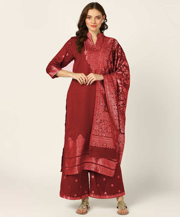 Jayri Women's Woolen Unstitched Kurta & Palazzo Zari Design Suit Material with Shawl/Stole for Winter, Maroon