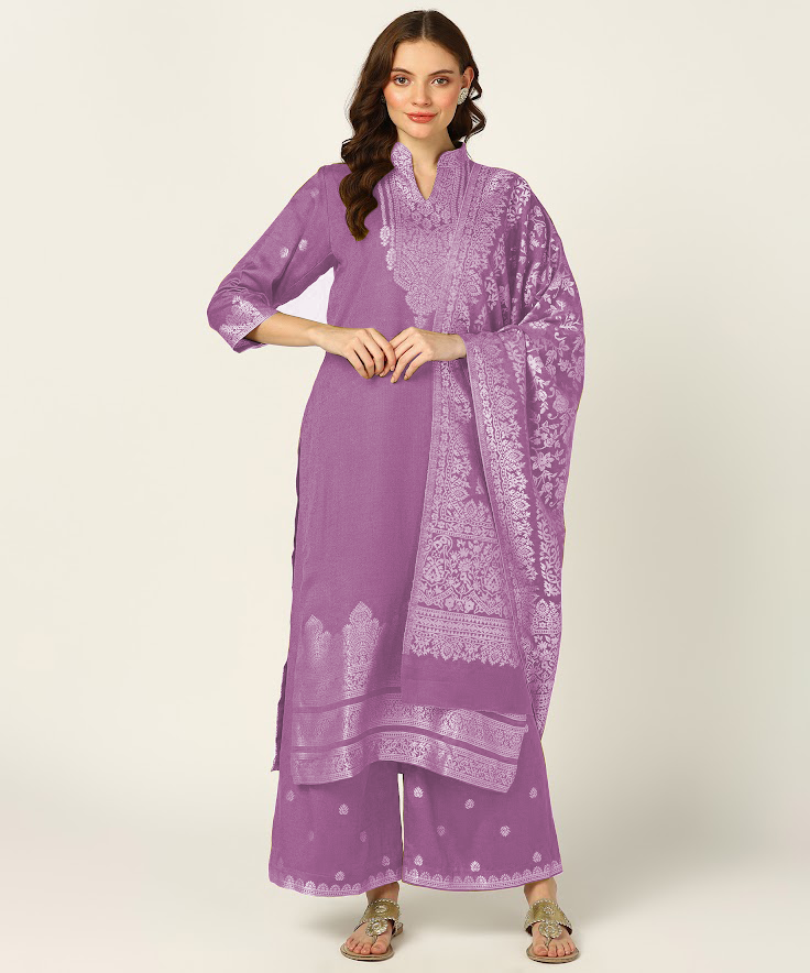 Jayri Women's Woolen Unstitched Kurta & Palazzo Zari Design Suit Material with Shawl/Stole for Winter University Of California Gold