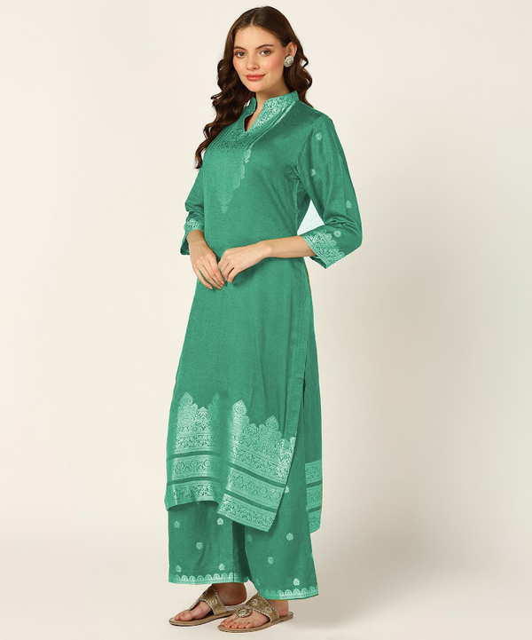 Jayri Women's Woolen Unstitched Kurta & Palazzo Zari Design Suit Material with Shawl/Stole for Winter, Sea Green
