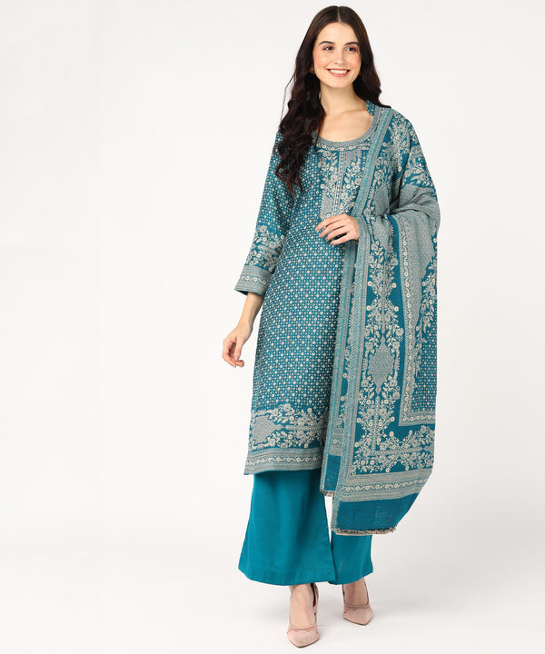 Jayri Women's Cottswool Unstitched Kurta & Palazzo Kani Jamawar Design Suit Material with Shawl for Winter (Blue Sapphire)