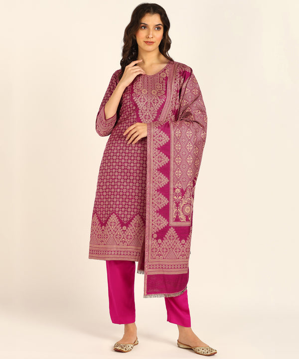 Jayri Women's CottsWool Unstitched Kurta & Palazzo Kani Jamawar Design Suit Material with Shawl for Winter (Hot Pink)