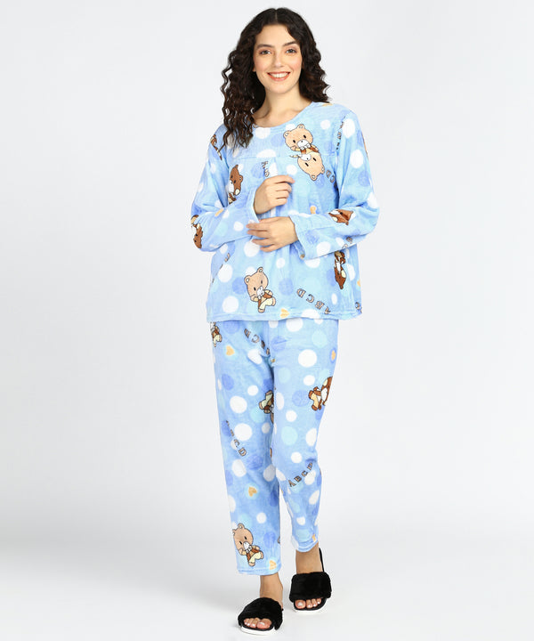 Jayri Women's Woolen Fleece Night Suit Set of Top and Pyjama for Winters (Sky Blue)