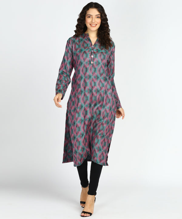 Jayri Women's Pure Woolen Long Kurti with Pockets for Winters (Red & Brinjal Pattern)