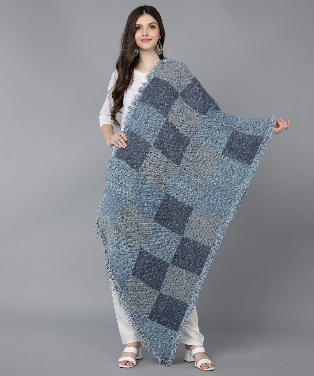 Jayri 100% Soft Woolen Women's Stole Winter Round Stoles Aqua Pattern
