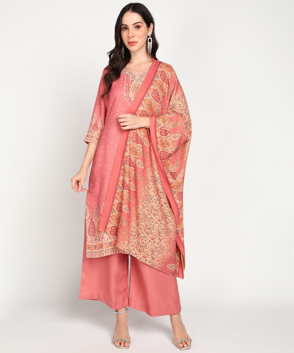 Jayri Women's Woolen Unstitched Printed Suit Material With Stole for Winter (Light Coral)