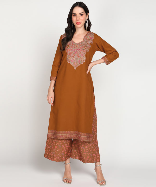 Jayri Women's Woolen Unstitched Printed Suit Material with Embroidery With Stole for Winter (Dirty Brown)