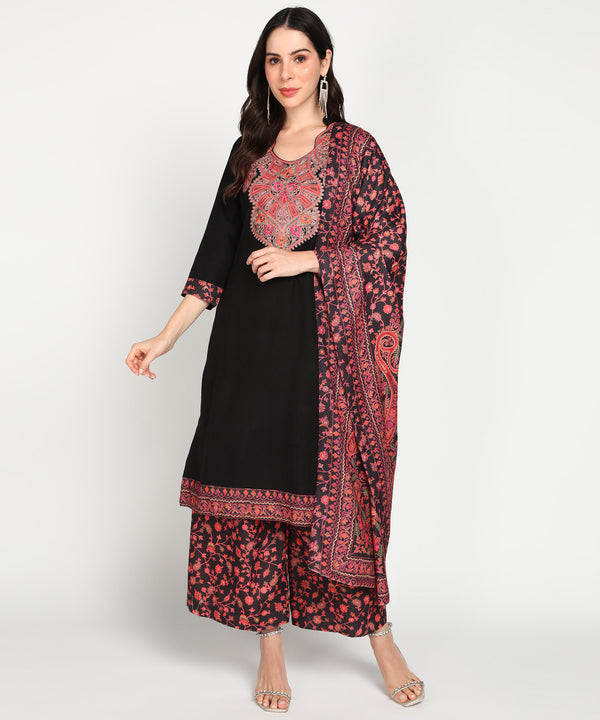 Jayri Women's Woolen Unstitched Printed Suit Material with Embroidery With Stole for Winter (Black)