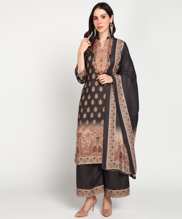 Jayri Women's Woolen Unstitched Printed Suit Material with Embroidery and Stone Work With Stole for Winter (Black)