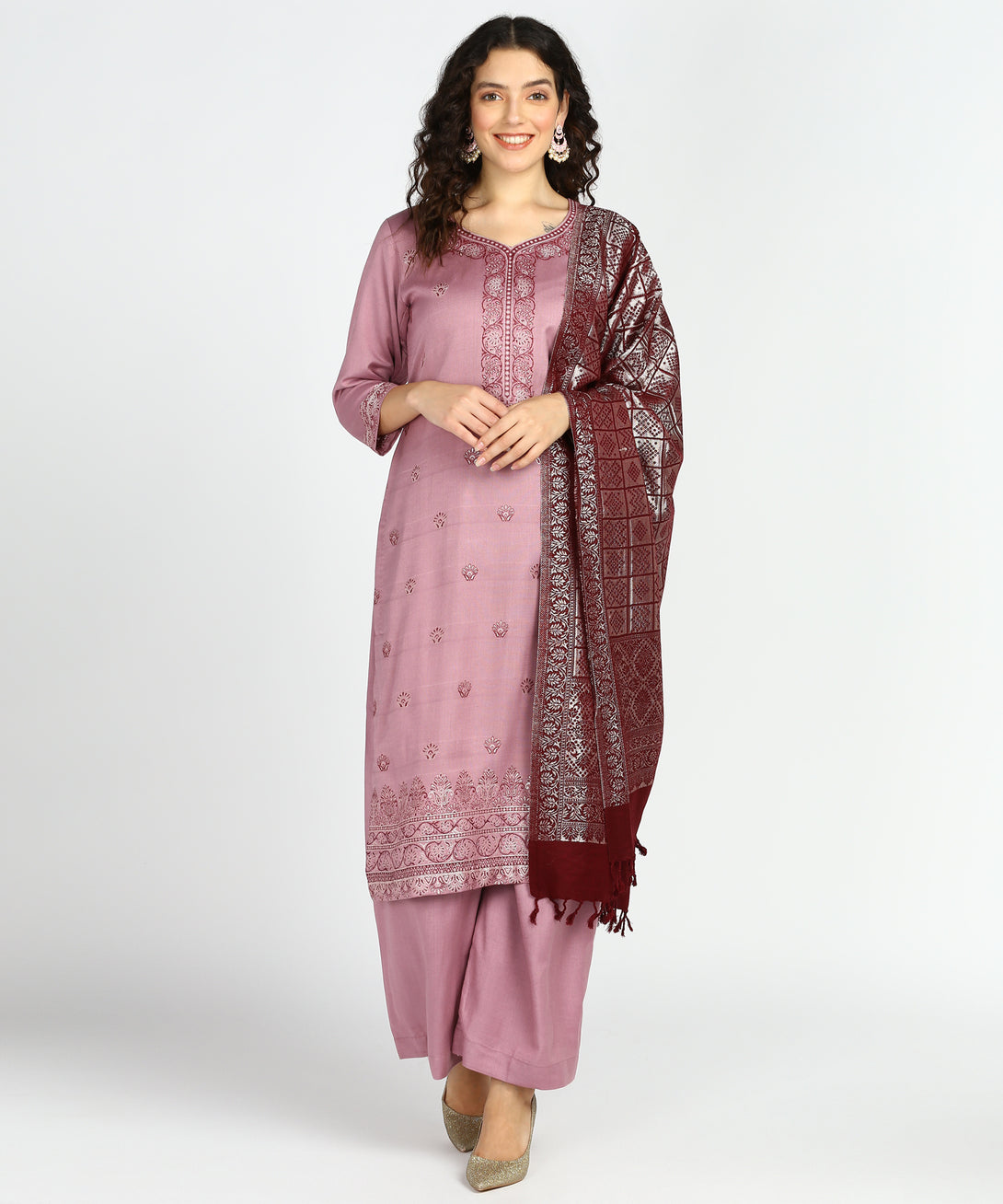 Jayri Women's Woolen Unstitched Kurta & Palazzo Zari Design Suit Material with Shawl/Stole for Winter Pastel Green