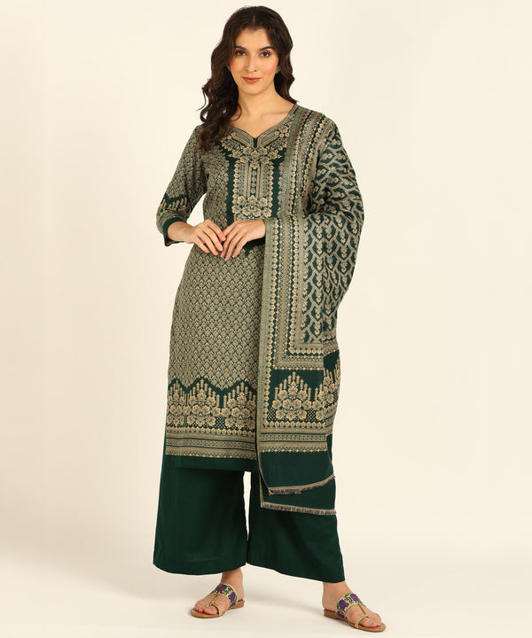 Jayri Women's Woolen Unstitched Kurta & Palazzo Kani Jamawar Design Suit Material with Shawl for Winter (Dark Green)