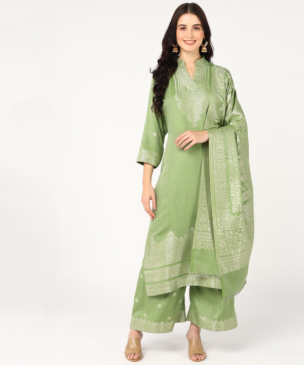 Jayri Women's Woolen Unstitched Kurta & Palazzo Zari Design Suit Material with Shawl/Stole for Winter, Pastel Green