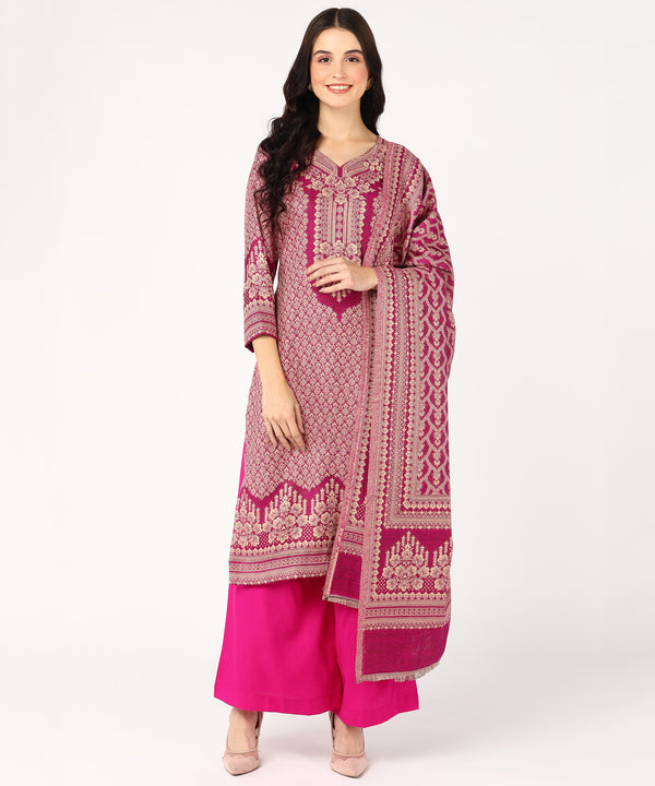 Jayri Women's Woolen Unstitched Kurta & Palazzo Kani Jamawar Design Suit Material with Shawl for Winter (Hot Pink)