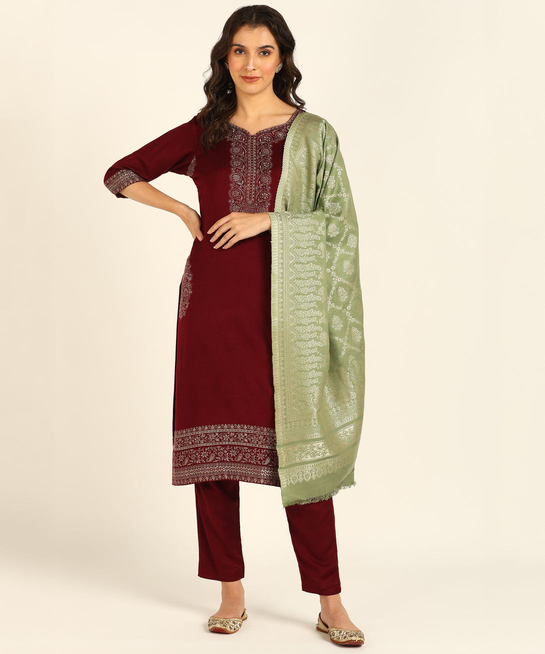 Jayri Women's Woolen Unstitched Kurta & Palazzo Zari Design Suit Material with Shawl/Stole for Winter Pastel Green