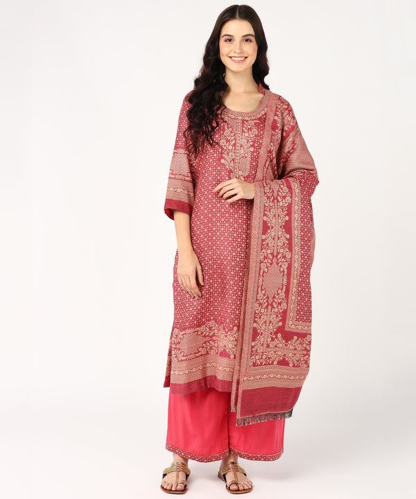 Jayri Women's Cottswool Unstitched Kurta & Palazzo Kani Jamawar Design Suit Material with Shawl for Winter (Baby Pink)