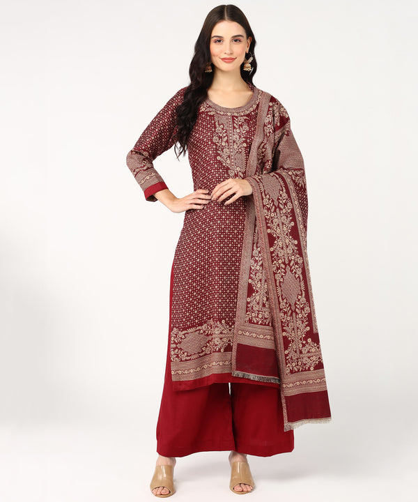 Jayri Women's Cottswool Unstitched Kurta & Palazzo Kani Jamawar Design Suit Material with Shawl for Winter (Maroon)