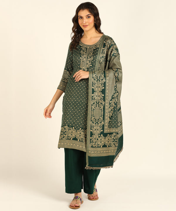 Jayri Women's Cottswool Unstitched Kurta & Palazzo Kani Jamawar Design Suit Material with Shawl for Winter (Dark Jungle Green)