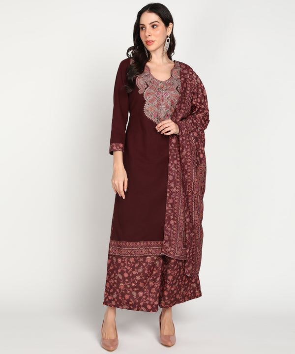 Jayri Women's Woolen Unstitched Printed Suit Material with Embroidery With Stole for Winter (Chocolate Kisses)