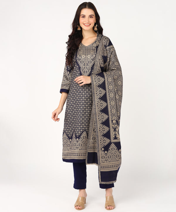Jayri Women's CottsWool Unstitched Kurta & Palazzo Kani Jamawar Design Suit Material with Shawl for Winter (Navy Blue)