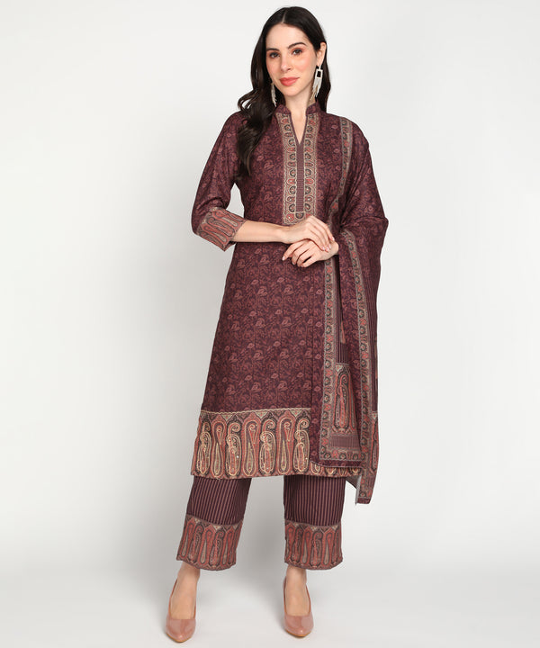 Jayri Women's Woolen Unstitched Printed Suit Material with Embroidery and Stone Work With Stole for Winter (Liver Chestnut)