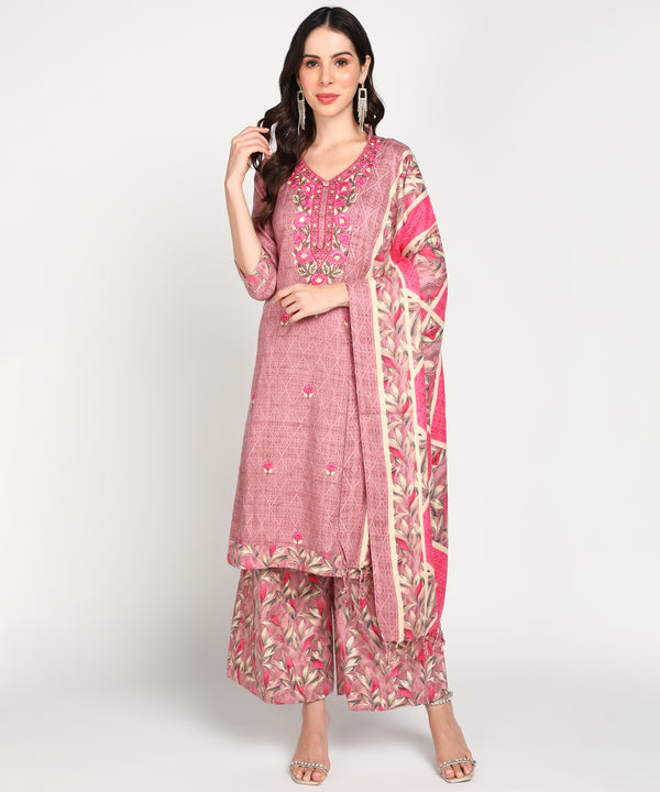 Jayri Women's Woolen Unstitched Printed Suit Material with Embroidery With Stole for Winter (Pink)