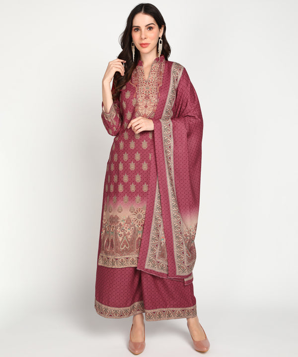 Jayri Women's Woolen Unstitched Printed Suit Material with Embroidery and Stone Work With Stole for Winter (Smoky Topaz)