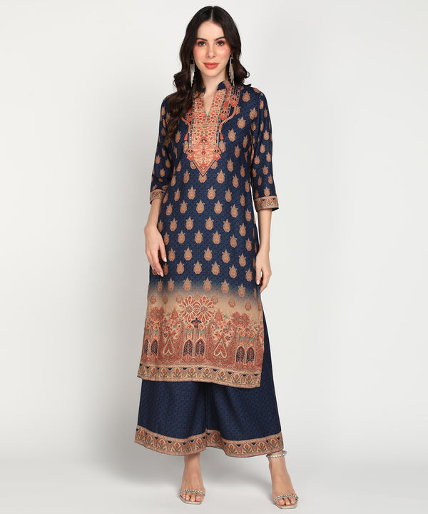 Jayri Women's Woolen Unstitched Printed Suit Material with Embroidery and Stone Work With Stole for Winter (Navy Blue)