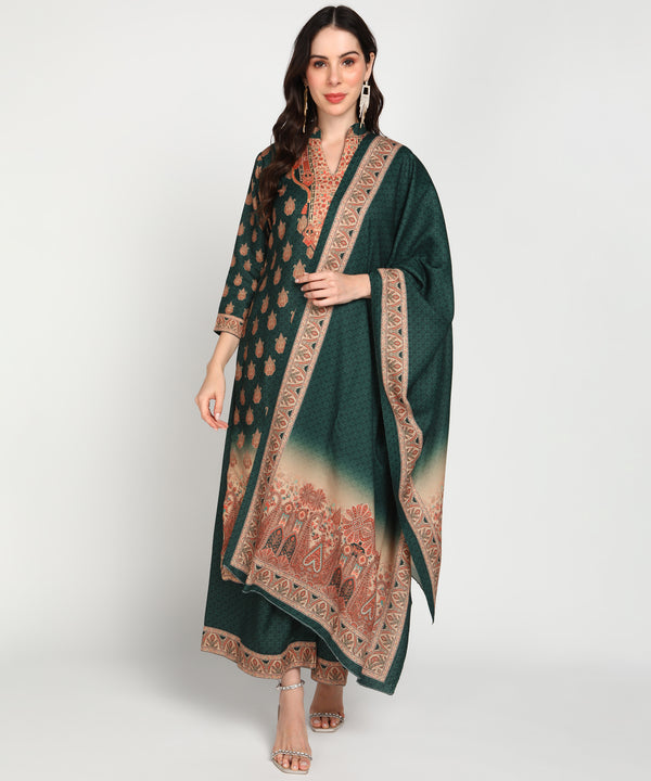 Jayri Women's Woolen Unstitched Printed Suit Material with Embroidery and Stone Work With Stole for Winter (Japanese Indigo)