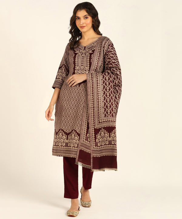 Jayri Women's Woolen Unstitched Kurta & Palazzo Kani Jamawar Design Suit Material with Shawl for Winter (Wine)