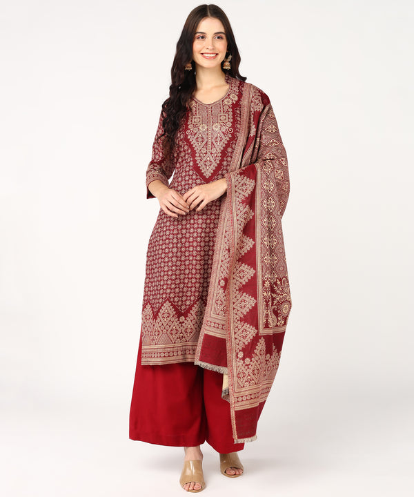 Jayri Women's CottsWool Unstitched Kurta & Palazzo Kani Jamawar Design Suit Material with Shawl for Winter (Maroon)