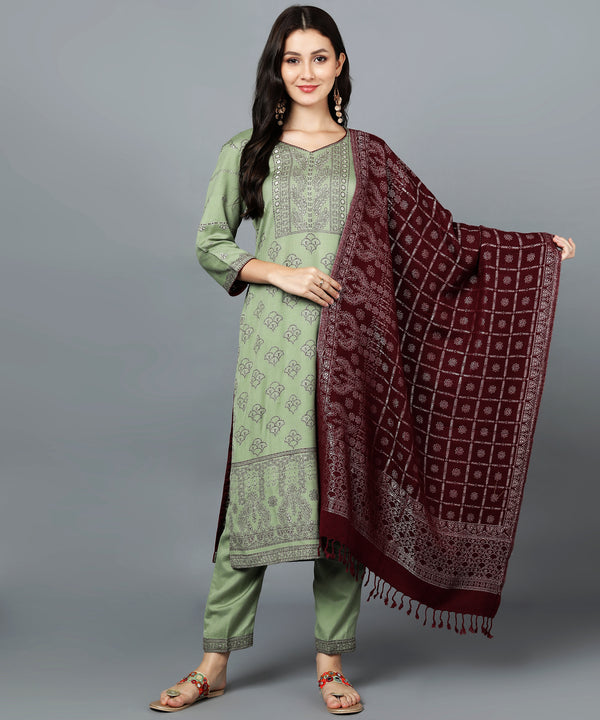 Jayri Women's Woolen Unstitched Kurta & Palazzo Zari Design Suit Material with Shawl/Stole for Winter Pastel Green