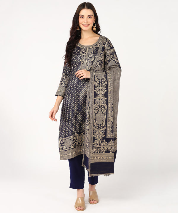 Jayri Women's Cottswool Unstitched Kurta & Palazzo Kani Jamawar Design Suit Material with Shawl for Winter (Yankees Blue)