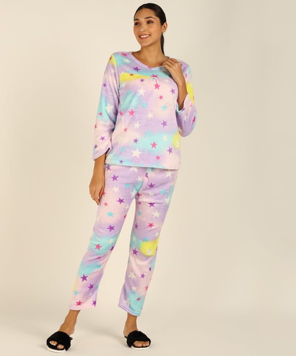 Jayri Women's Woolen Fleece Night Suit Set of Top and Pyjama for Winters (Tye and dye)