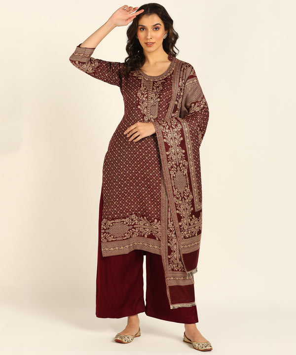 Jayri Women's Cottswool Unstitched Kurta & Palazzo Kani Jamawar Design Suit Material with Shawl for Winter (Maroon)