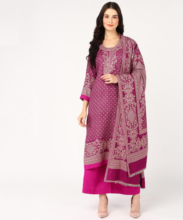 Jayri Women's Cottswool Unstitched Kurta & Palazzo Kani Jamawar Design Suit Material with Shawl for Winter (Magenta )