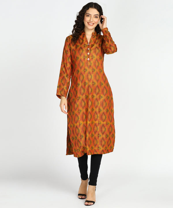 Jayri Women's Pure Woolen Long Kurti with Pockets for Winters (Orange & Red Pattern)