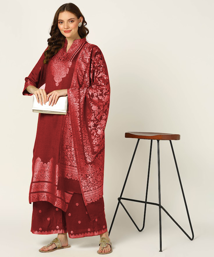 Jayri Women's Woolen Unstitched Kurta & Palazzo Zari Design Suit Material with Shawl/Stole for Winter Pantone