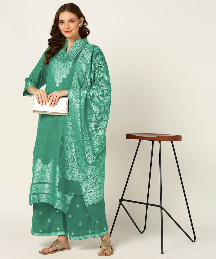 Jayri Women's Woolen Unstitched Kurta & Palazzo Zari Design Suit Material with Shawl/Stole for Winter Pantone