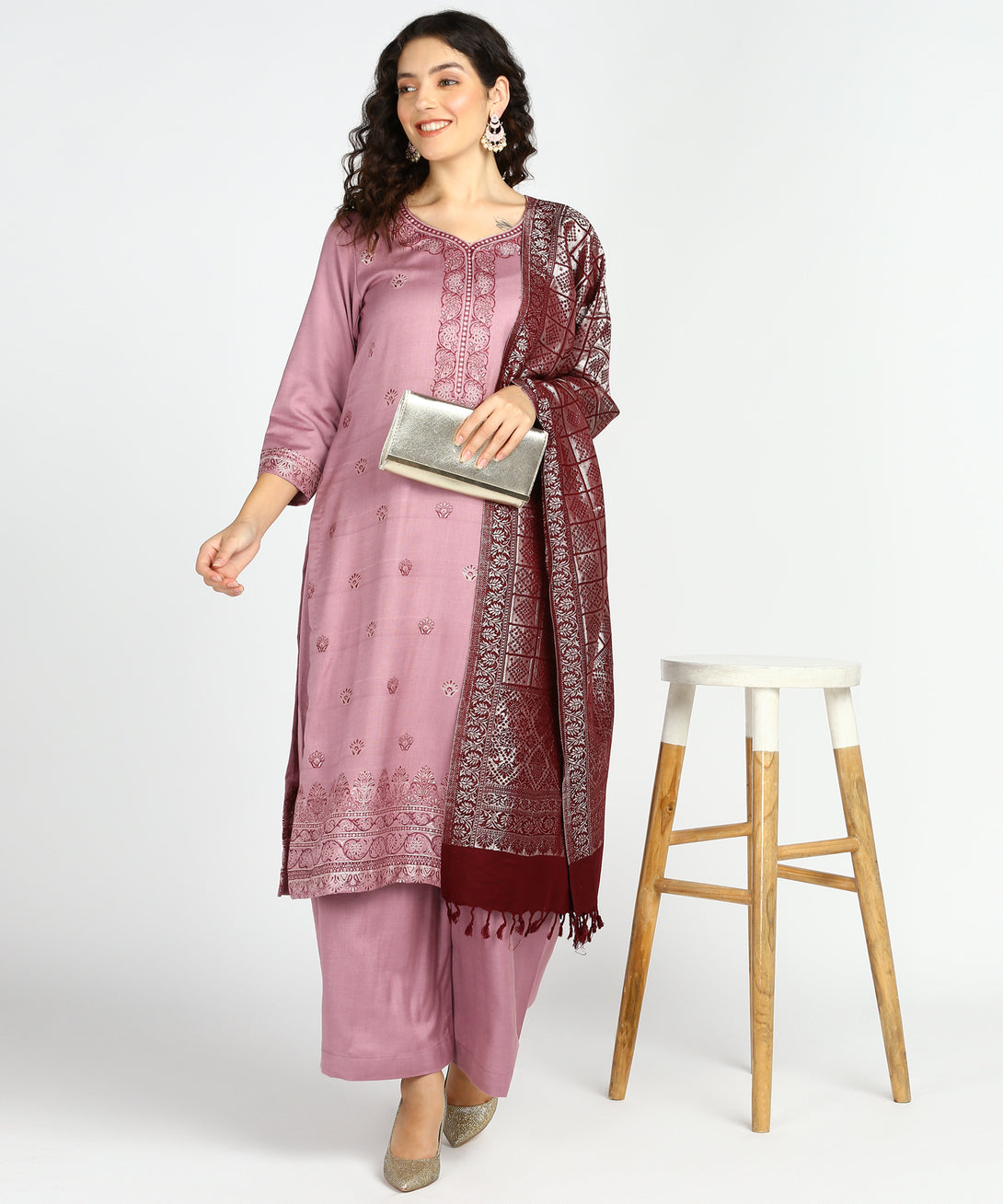 Jayri Women's Woolen Unstitched Kurta & Palazzo Zari Design Suit Material with Shawl/Stole for Winter Pastel Green