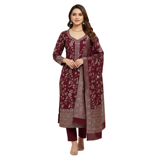 Jayri Women's Woolen Unstitched Kurta & Palazzo Zari Design Suit Material with Shawl/Stole for Winter, Maroon